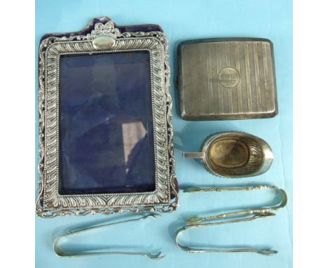 A silver engine-turned cigarette case, a damaged rectangular photograph frame and other small silver, weighable silver ___6½o