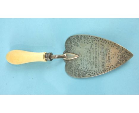 A Victorian silver trowel with ivory handle, with presentation engraving 'Erith Baptist Chapel 1877', London 1874, 22cm.