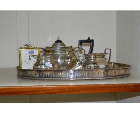 THREE PIECE COFFEE SET, tray and battery carriage clock