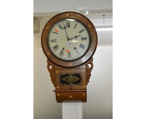 A WALNUT AND INLAID AMERICAN WALL CLOCK, 12' dial with Roman numerals (pendulum)