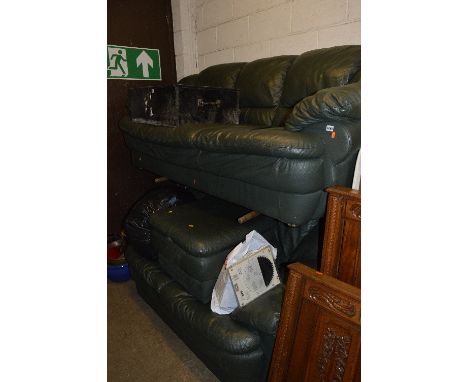 A GREEN LEATHER THREE PIECE SUITE, with footstool, this consisting of a three seater and a two seater sofa