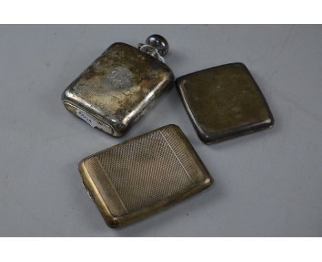 A SILVER FLASK, and two silver cigarette cases, approximate weight 372 grams (3)