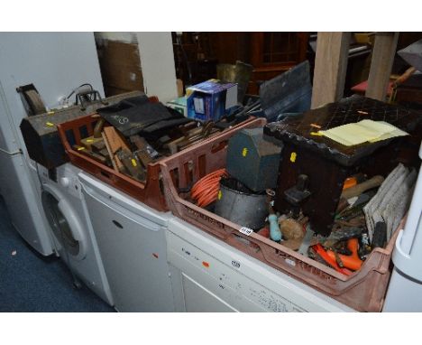 TWO TRAYS AND TWO TOOL BOXES OF HAND TOOLS, including wooden moulding planes and a bench grinder