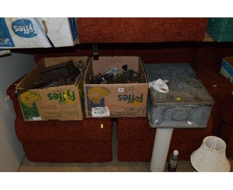 THREE BOXES OF VINTAGE HAND TOOLS, and a metal ammo box
