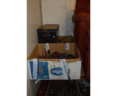 TWO BOXES OF VINTAGE HAND TOOLS, and a metal tool chest