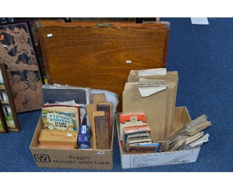 TWO BOXES AND LOOSE SUNDRY ITEMS, to include Dominoe board, dominoes, playing cards, meccano leaflets, stamps, maps, cribbage