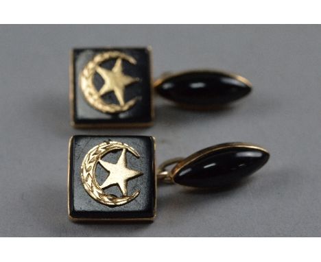 AN 18CT GOLD BLACK ONYX CRESCENT CUFFLINKS (boxed)