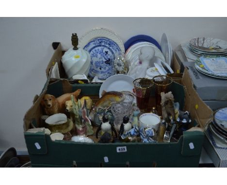 TWO BOXES OF CERAMICS, GLASS, ANNIVERSARY CLOCK, etc, to include Jema lustre fish, Beswick 'American Blue Jays' No.925 (broke