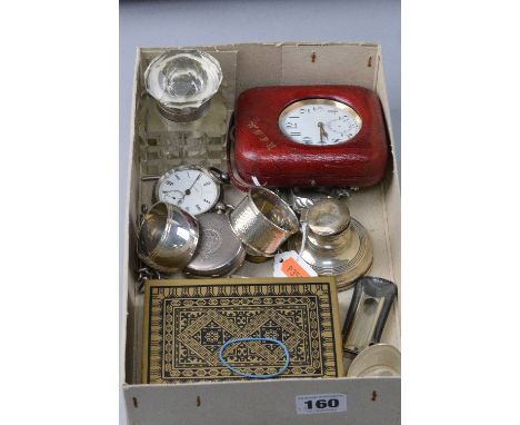 A MIXED LOT OF SILVER AND SILVER PLATE, etc, together with two pocket watches, chain, inkwell, travel clock, napkin rings, et