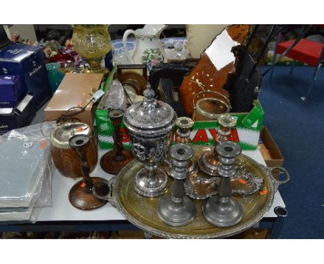 A SMALL QUANTITY OF PICTURES, a box of dressing table brushes, tray of silver plate and pewter, wooden candlesticks, Cossor r