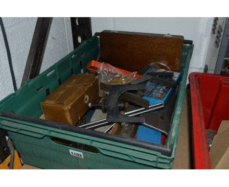 A TRAY OF ENGINEERING TOOLS, including micrometers, combination square, tap and die sets, marking gauge, etc