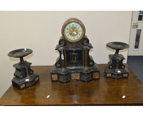 A 19TH CENTURY FRENCH VINCENTI & CIE BLACK SLATE AND MARBLE CLOCK GARNITURE, with gilt metal and bronzed mounts, enamel dial,