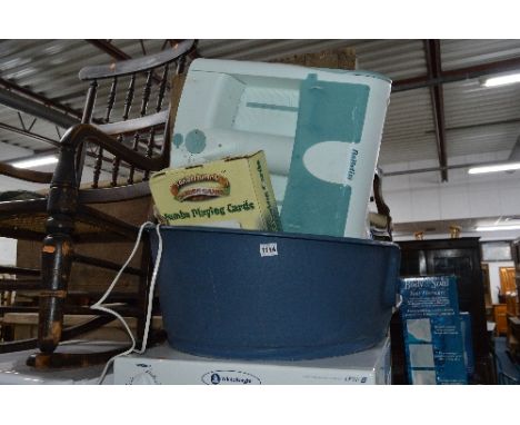 A PLASTIC DOG BED, garden chess set, Quaker Oats wooden crate, garden playing cards and a foot spa etc (6)