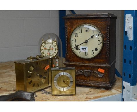 AN OAK MANTEL CLOCK, (no key or pendulum), an anniversary clock and two other timepieces (4)