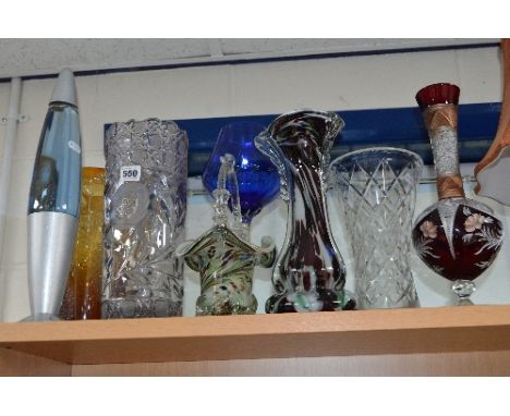 A MODERN LAVA STYLE LAMP AND VARIOUS GLASS ITEMS, to include Murano, cut and pressed etc (8)