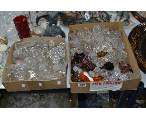 TWO SMALL BOXES OF GLASS DECANTER STOPPERS ETC