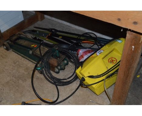 A KARCHER 411A JETWASH, a trolley jack and various garden tools