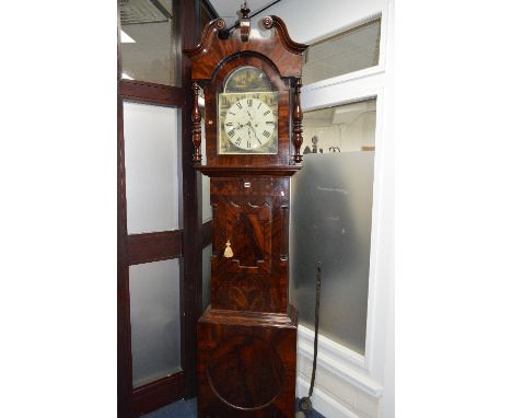 A VICTORIAN FLAME MAHOGANY LONGCASE CLOCK, 8 day movement, 12' dial, Roman numerals and painted river scenes, approximate hei