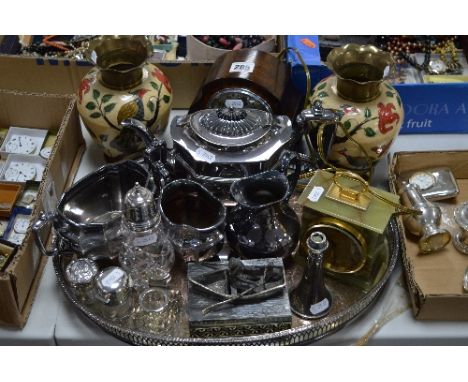 A MIXED LOT, to include plated tea service, onyx clock, silver sugar castor, silver topped inkwell, condiments, mantle clock 