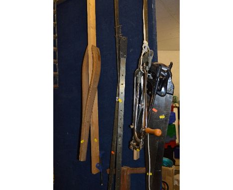 TWO METAL SASH CRAMPS, with extension bars, a wooden spring clamp and seven wood and metal saws (12)