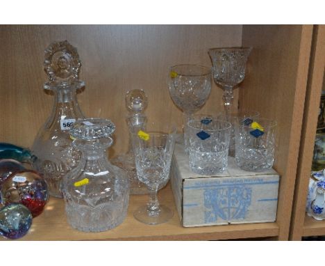 A LARGE ROYAL BRIERLEY CUT GLASS DECANTER, four Royal Brierley cut tumbler glasses (with a box), two other decanters and thre