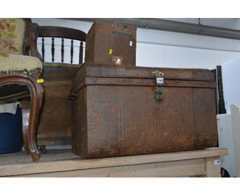 A VINTAGE TIN TRUNK, a Victorian pine box and a tin container (3)