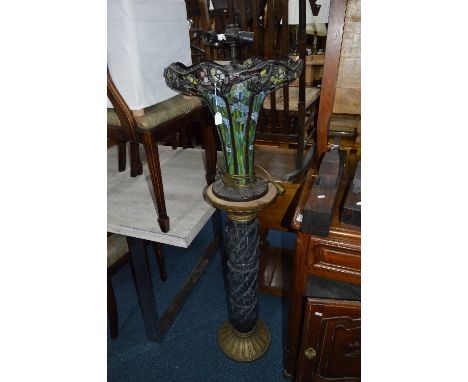 A TIFFANY STYLE TABLE LAMP, (missing top section) and a black marble jardiniere (2)