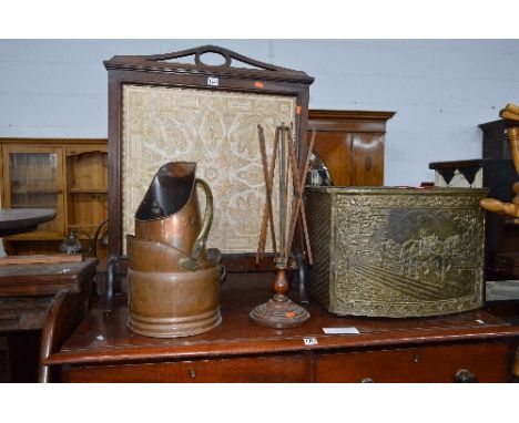 A MAHOGANY FIRESCREEN, a Victorian bamboo occasional table, a brass log box, two copper buckets, scuttle, a Victorian chair a