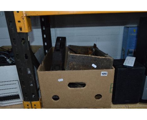 A BOX OF VINTAGE TOOLS AND SLIDE RULES, including a Stanley No 98 plane, a wooden smoothing plane, etc