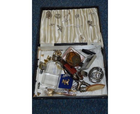 A BOX OF MISCELLANEOUS, to include silver topped flask, costume jewellery, watches, brooches, enamel clock etc