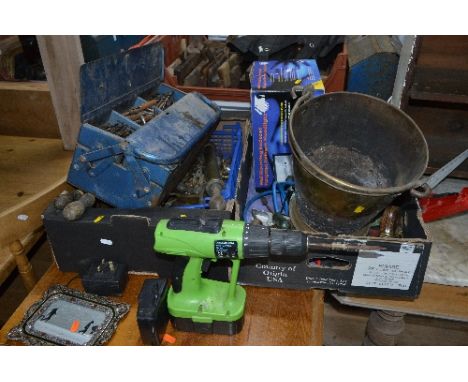 TWO TRAYS AND A TOOL BOX OF TOOLS, and hardware
