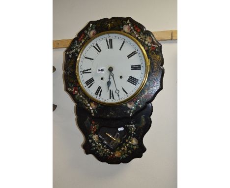 A 20TH CENTURY BLACK LACQUERED AND MOTHER OF PEARL WALL CLOCK, with painted floral detail, the circular 12' dial with Roman n