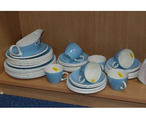T.G.GREEN & CO 'POLO' PART TEA/DINNERWARES, light blue with white trim, green backstamp, to include, gravy boat and stand, si