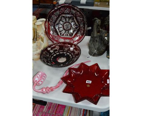 A WALTHERGLAS STAR SHAPED RED GLASS DISH, diameter approximately 33cm, a nailsea pipe (reglued) and two ruby flashed bowls, d