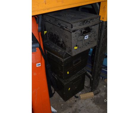 A METAL DEED BOX, a small trunk and a metal toolbox (3)