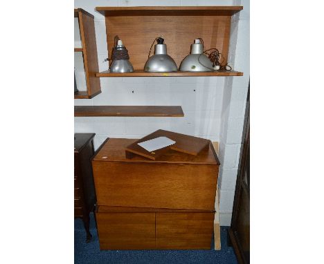 BEAVER & TAPLEY TEAK WALL ASSEMBLY UNITS, comprising a double door cupboard, fall front cupboard, two various floating bookca