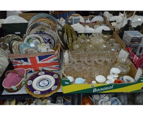 THREE BOXES OF DRINKING GLASSES, light shades, pair of brass framed Continental porcelain plaques, assorted plates, majolica 