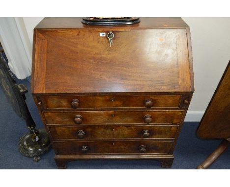 A GEORGIAN MAHOGANY WRITING BUREAU, the fall front revealing fitted interior above four drawers, on bracket feet, approximate