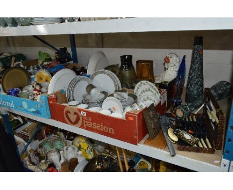 FOUR BOXES AND LOOSE CERAMICS, METALWARES, GLASS, CUTLERY, ETC to include Susie Cooper, Royal Doulton, Goebel, Denby etc