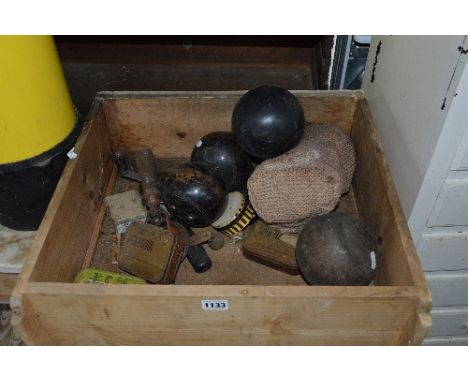 A WOODEN DRAWER, containing various vintage bowls and tools and a wicker chair
