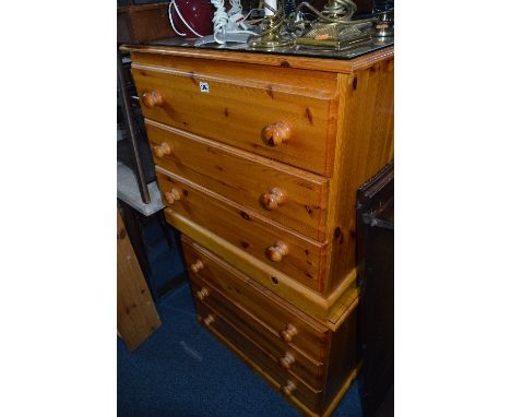 TWO PINE CHESTS, of three long drawers and seven various table lamps and a wall clock (10)