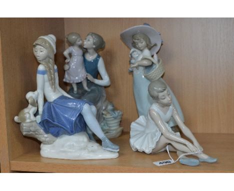 FOUR NAO FIGURES, ballerina stretching, seated girl wearing ice skates with dog, 'It's a Picnic' No 1362 and Mother with youn