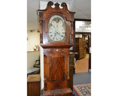 A VICTORIAN FLAME MAHOGANY LONGCASE CLOCK, 8 day movement, 12' dial, Roman numerals, seconds and subsidiary date aperture dia