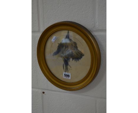 P. LORD, COLOURED PENCIL SKETCH OF A DOG'S HEAD, signed in pencil, tondo, diameter 19cm, together with a print on silk of a h