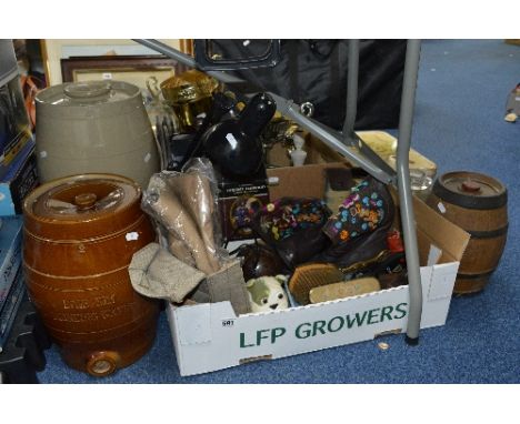 TWO BOXES AND LOOSE SUNDRY ITEMS, to include stoneware and glass flagons marked 'Etherium Drinking Water' and 'port', an angl