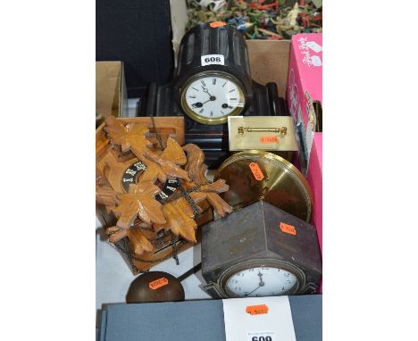 A SMALL SLATE MANTEL CLOCK (pendulum only), a cuckoo clock and four other time pieces (6)