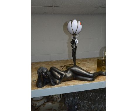 A DECO STYLE TABLE LAMP, shaped as lady holding vase, height approximately 34cm (not including fittings) together with a resi