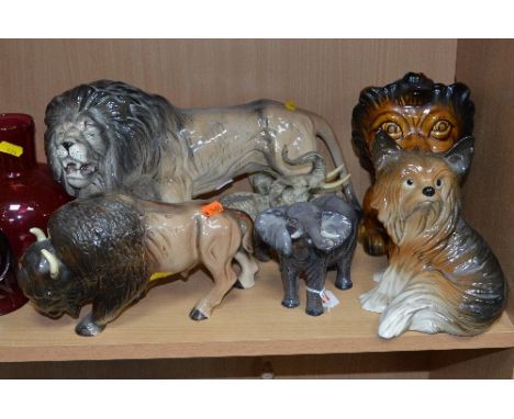 SIX VARIOUS CERAMIC ANIMALS, to include Beswick Elephant No.974, Melba Ware Lion, Bison and seated dog etc (6)