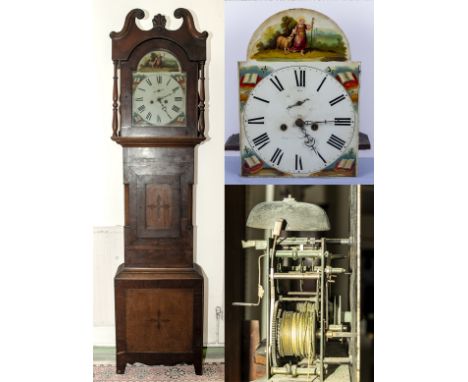 Eight day mid Victorian Grandfather clock with painted face in an oak case cross banded in mahogany, complete with two weight