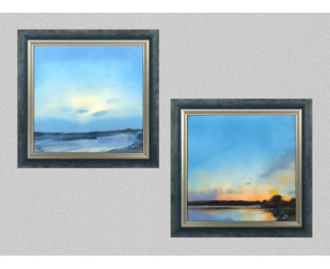Pair of framed mixed media paintings depicting scenes of the River Tweed by local artist James Fleming signed 2009, 38cm x 38